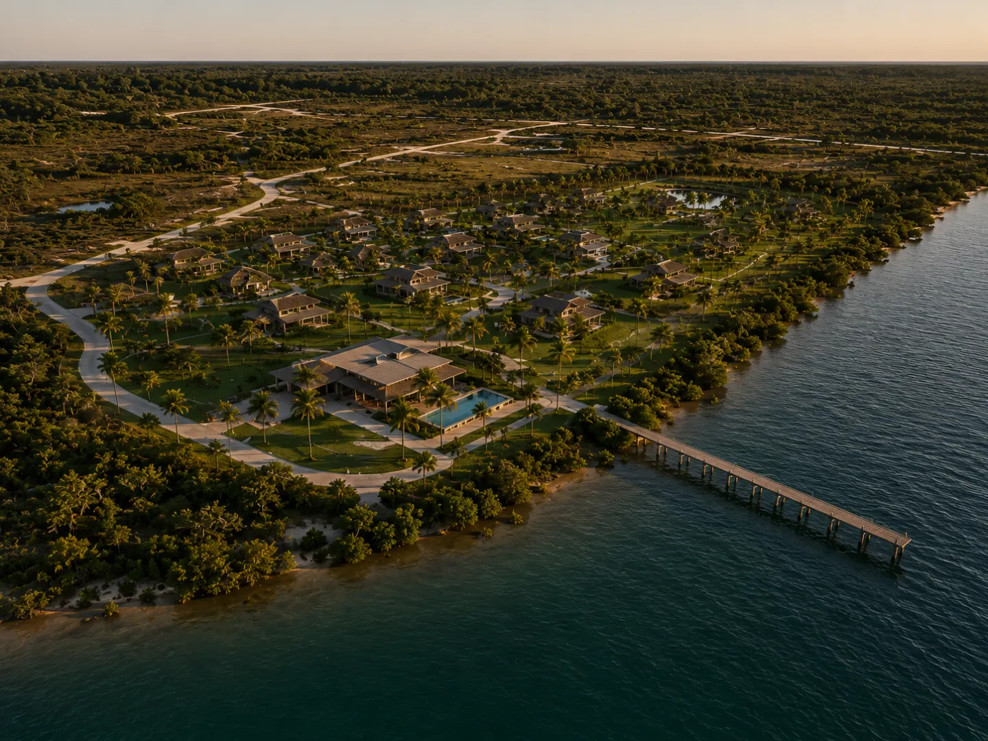 Estudo conceitual de hotel boutique integrado à paisagem, com píer sobre a Baía de Camamu.